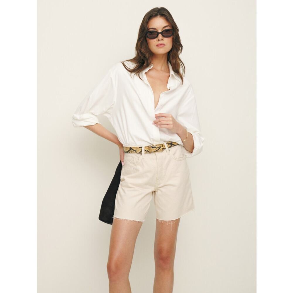 Reformation cream beige denim raw hem button fly jean shorts 23 summer neutral